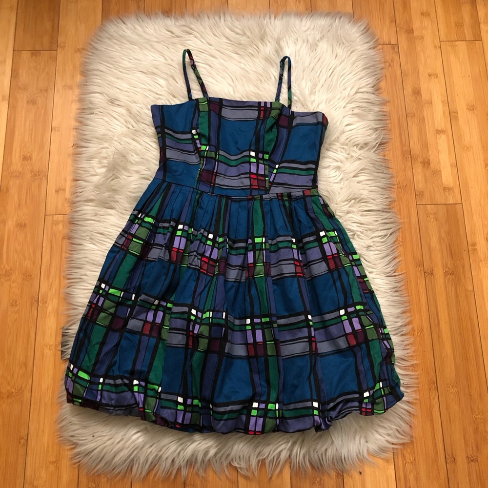 Y2K Charlotte Russe Plaid Bubble Spaghetti Straps Blue Green Mini Dress M NWT